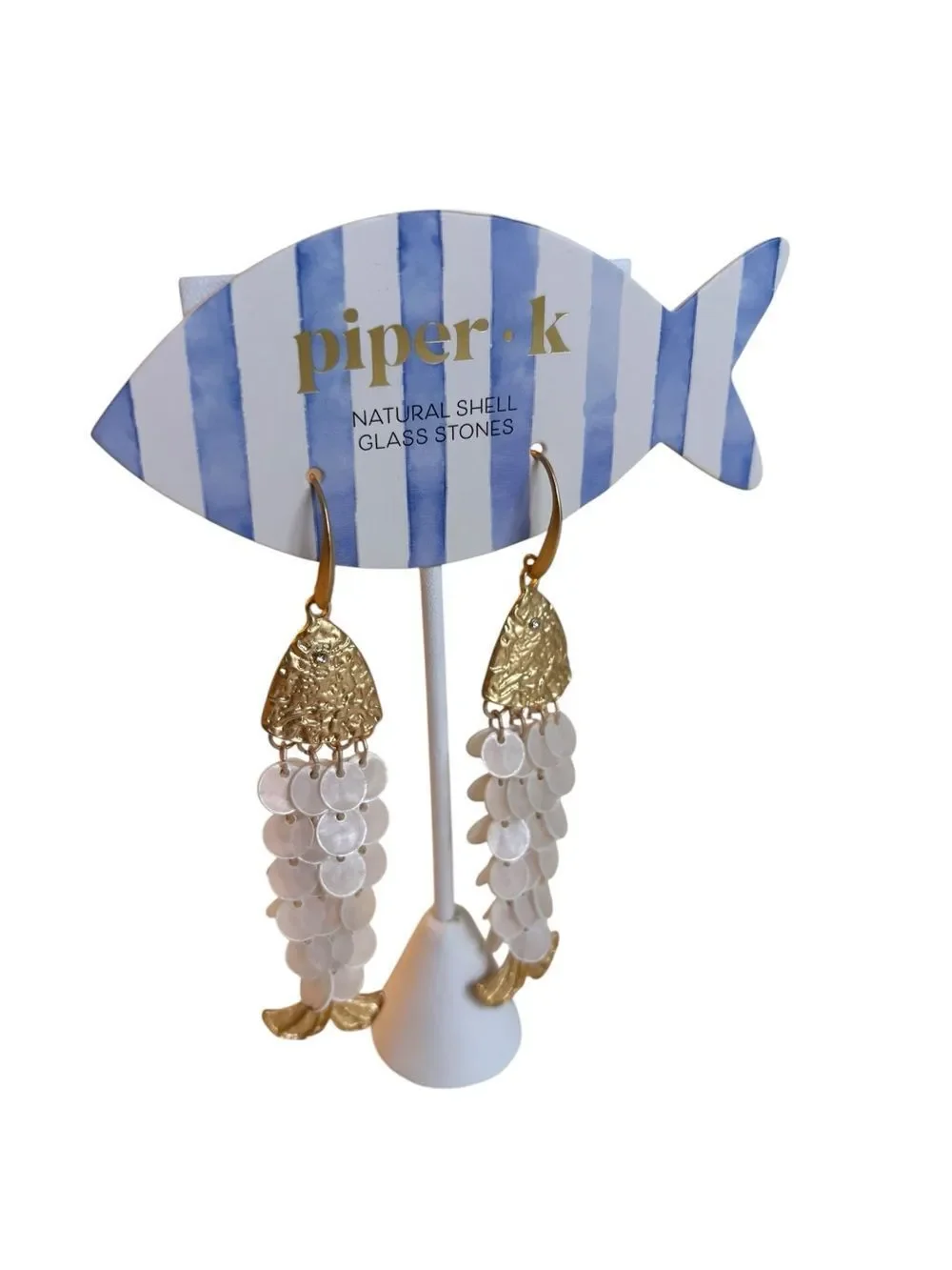 Hammered Brush Gold Tone Fish Head Drop Earrings w/ Cascading Shell Discs.